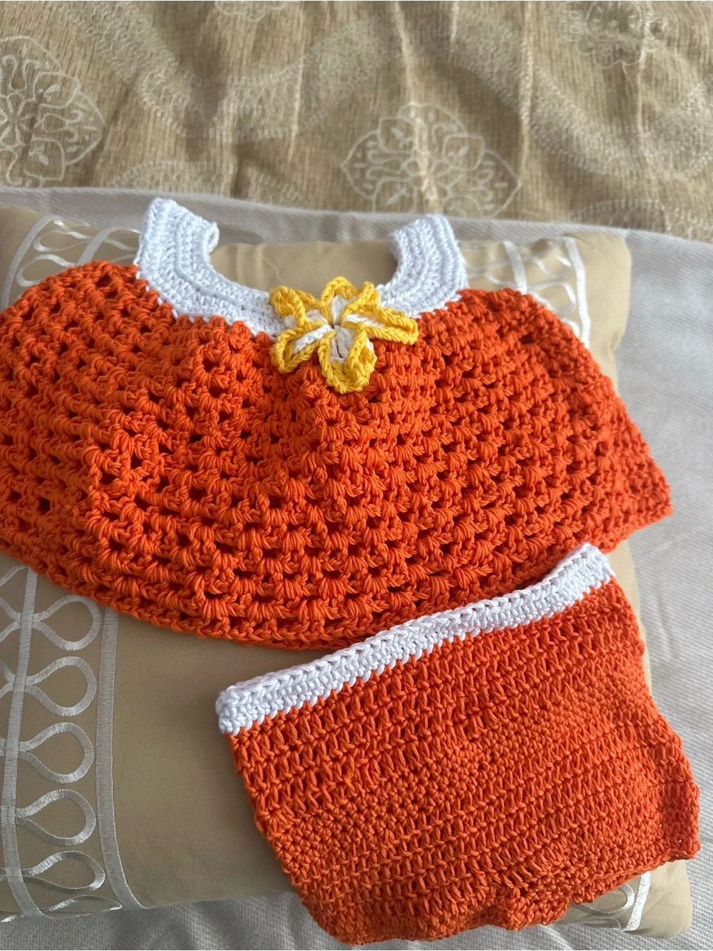 Handmade Orange Crochet Kids Matching Hat & Diaper Cover Set with White Trim